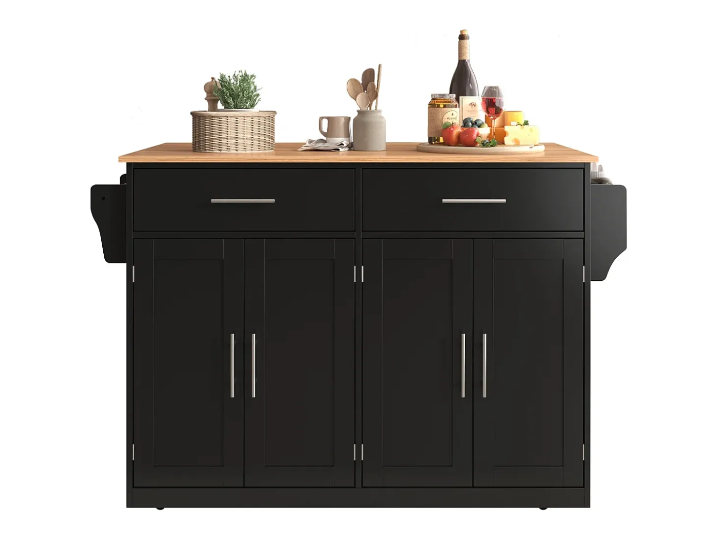 Carrito de cocina con tapa abatible, diseño multifuncional, MDF, negro y natural (120x46(70)x91,5cm)