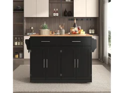 Carrito de cocina con tapa abatible, diseño multifuncional, MDF, negro y natural (120x46(70)x91,5cm)