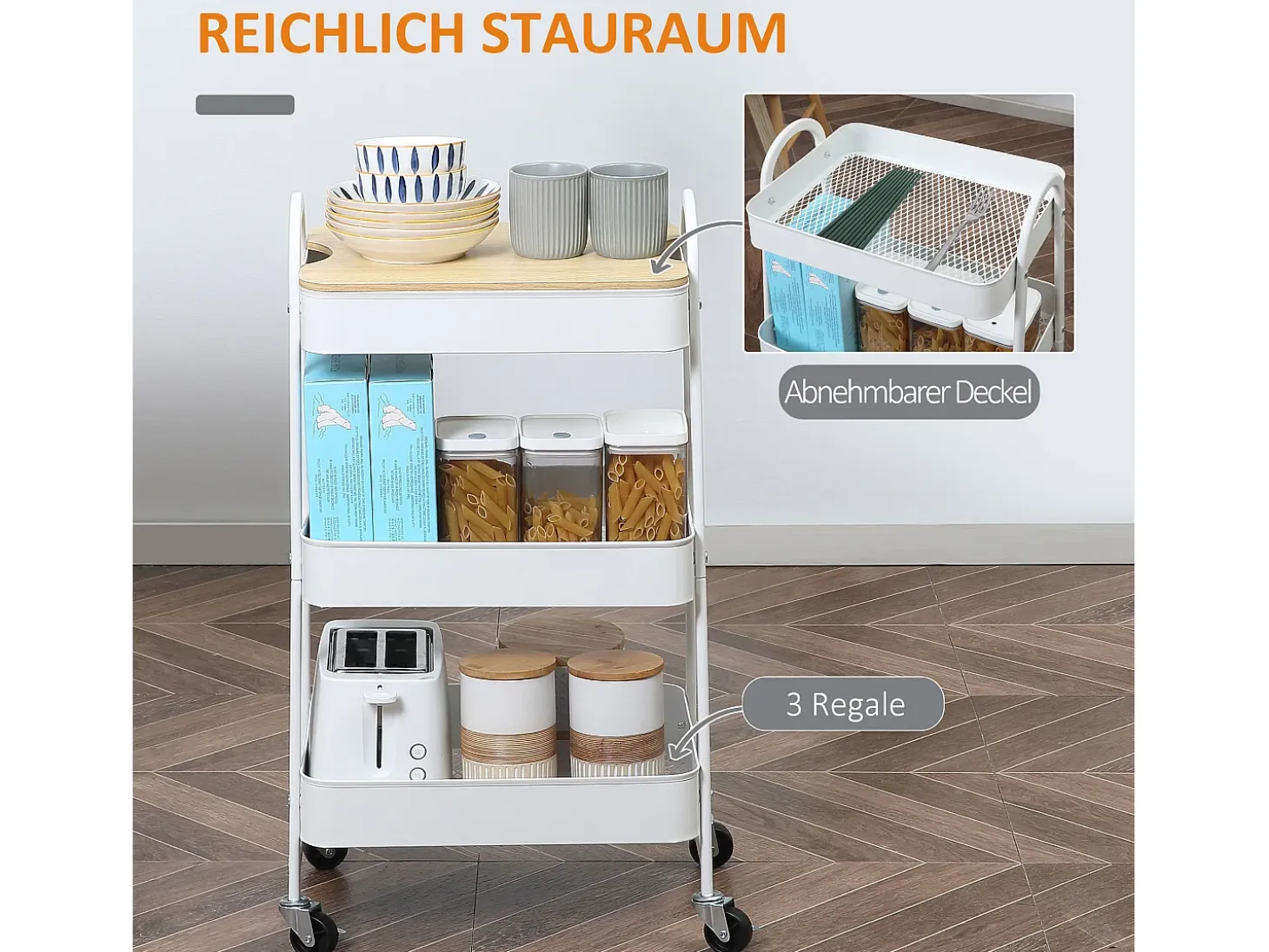 Carrito de cocina de 3 niveles con cesta y tapa, metal, blanco (53,5 x 31 x 79,4 cm)