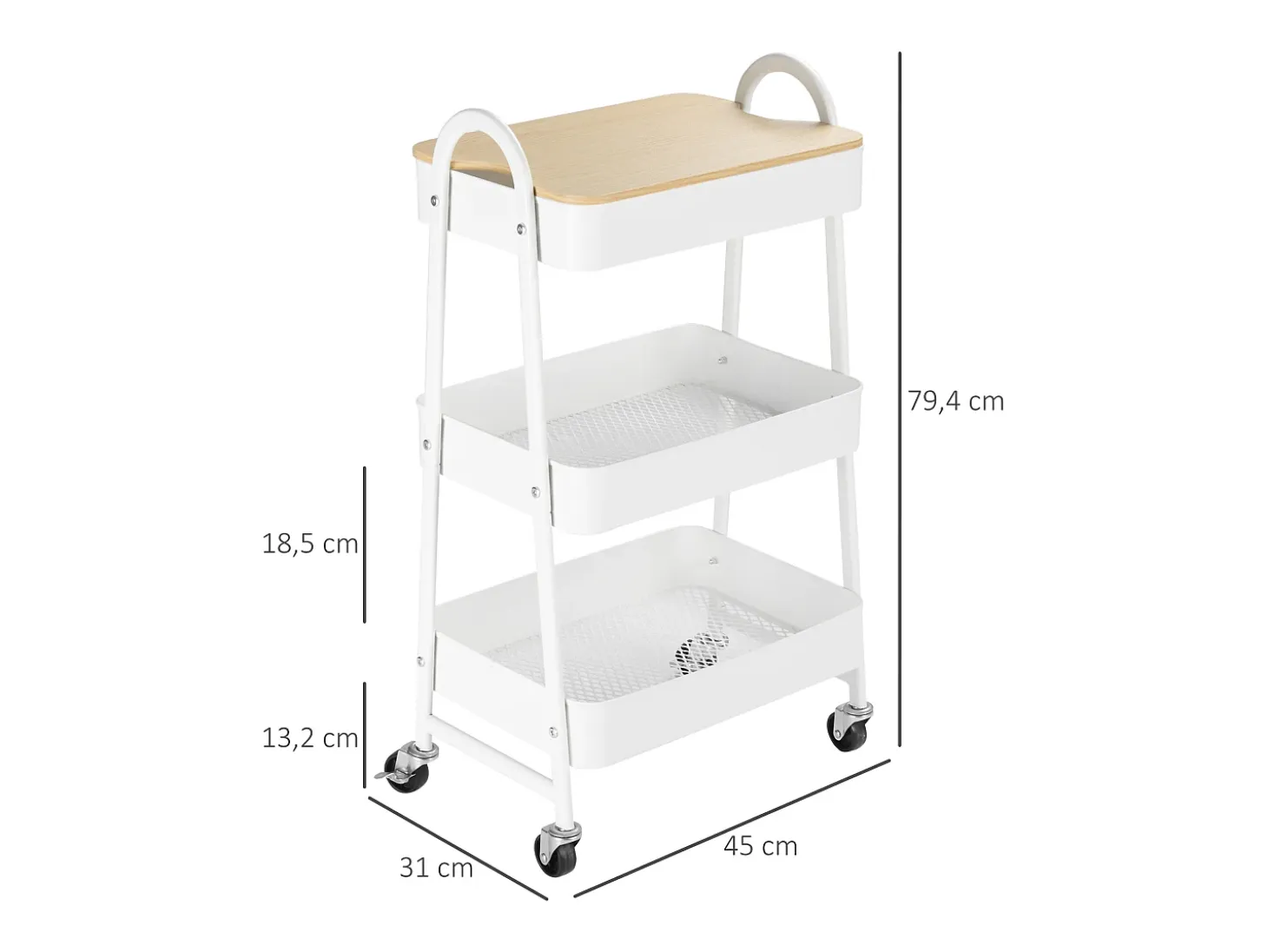 Carrito de cocina de 3 niveles con cesta y tapa, metal, blanco (53,5 x 31 x 79,4 cm)