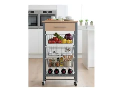Carrito de cocina Diana con 3 cestas extraíbles, cajón y botellero – mueble auxiliar con ruedas en color inox y haya