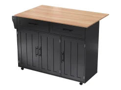Carrito de cocina grande, tapa abatible, 2 cajones, ruedas, negro y natural (L129 x P46 x H91,5 cm)