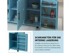 Carrito de cocina, madera maciza y encimera de mármol, diseño europeo, puerta, 3 cajones, ruedas, patas de madera extraíbles (129x46(71)x91,5 cm)