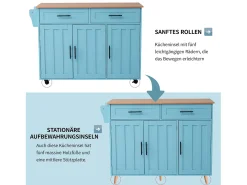 Carrito de cocina, madera maciza y encimera de mármol, diseño europeo, puerta, 3 cajones, ruedas, patas de madera extraíbles (129x46(71)x91,5 cm)