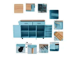 Carrito de cocina, madera maciza y encimera de mármol, diseño europeo, puerta, 3 cajones, ruedas, patas de madera extraíbles (129x46(71)x91,5 cm)