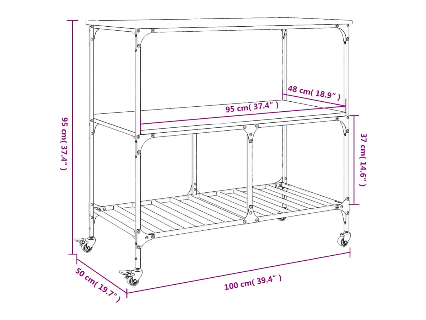 Carrito de cocina madera ingeniería roble ahumado 100x50x95 cm