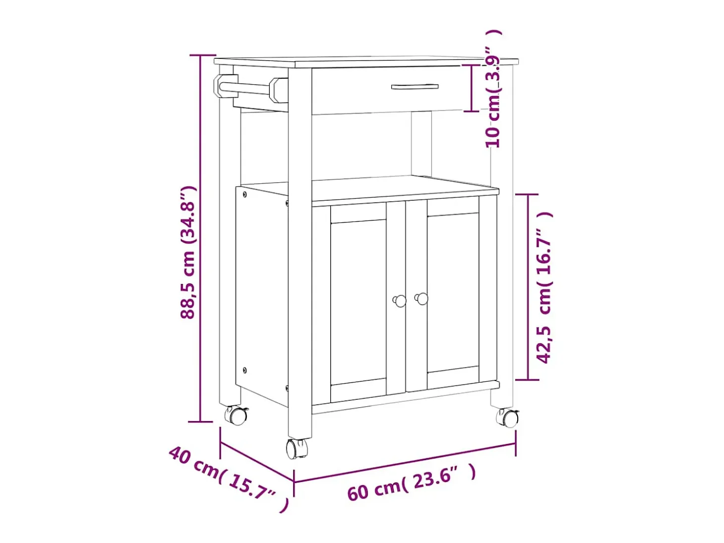 Carrito de cocina MONZA madera maciza de pino 60x40x88,5 cm