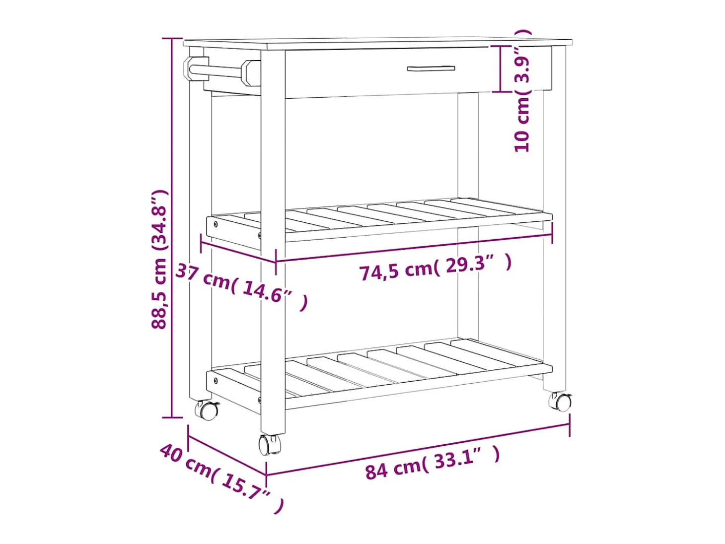 Carrito de cocina MONZA madera maciza de pino 84x40x88,5 cm
