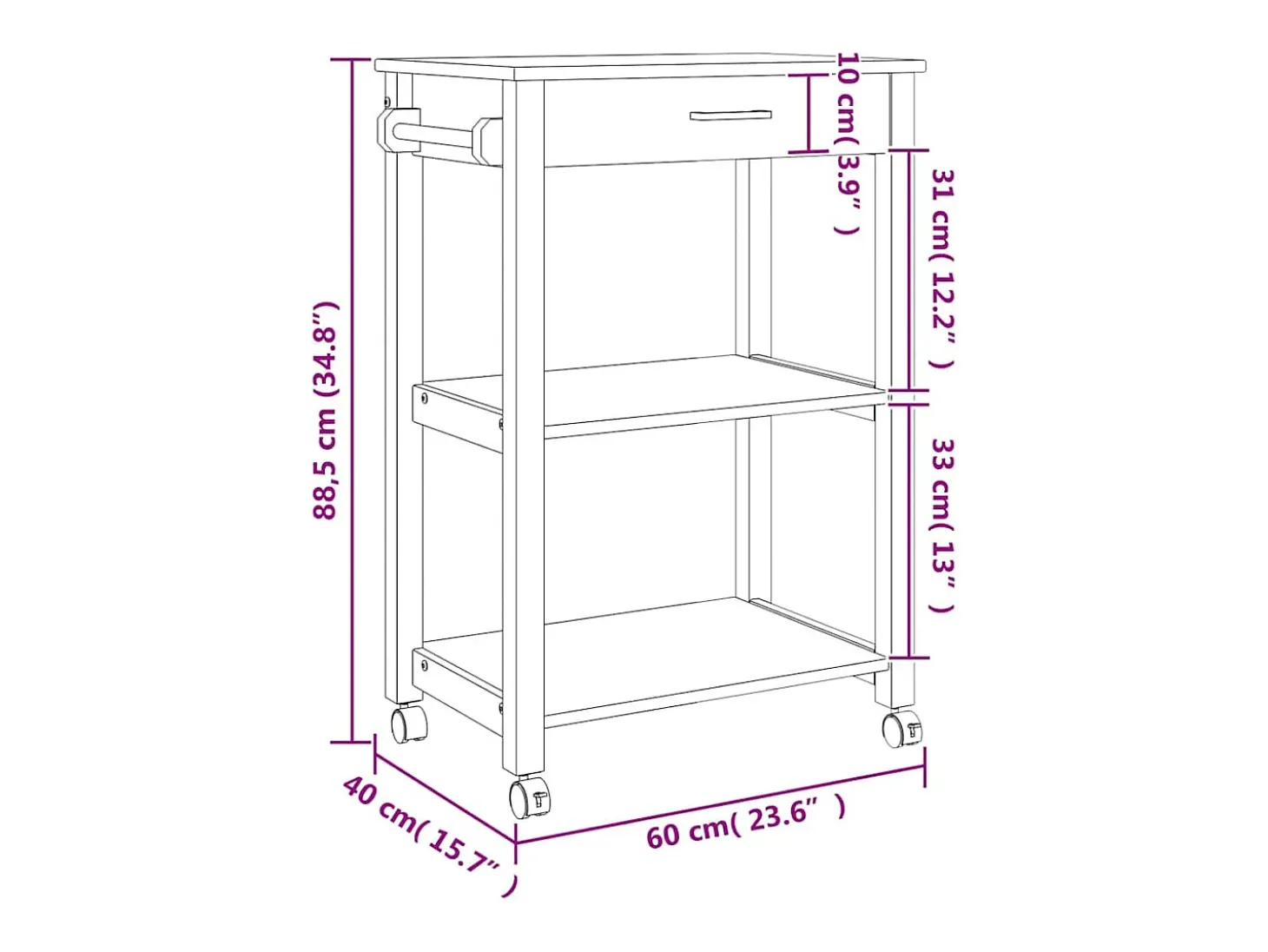 Carrito de cocina MONZA madera maciza de pino 60x40x88,5 cm