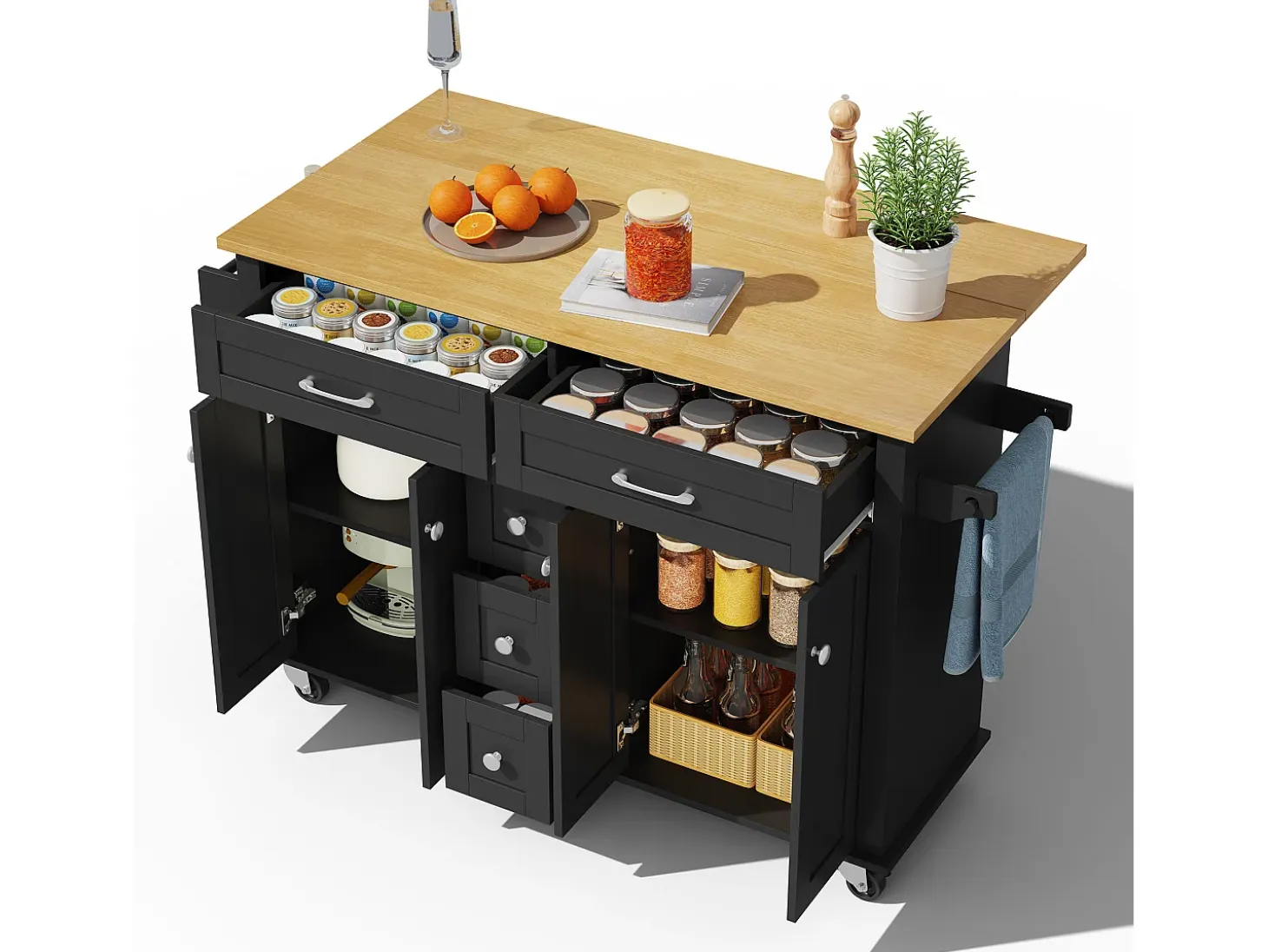 Carrito de cocina multifunción, encimera abatible, 5 cajones, estantes, especiero, MDF, negro y natural (140x65x89 cm)