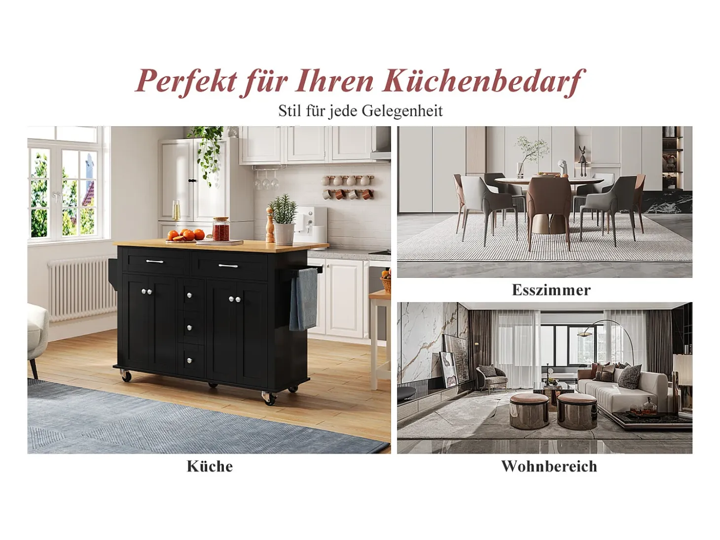 Carrito de cocina multifunción, encimera abatible, 5 cajones, estantes, especiero, MDF, negro y natural (140x65x89 cm)