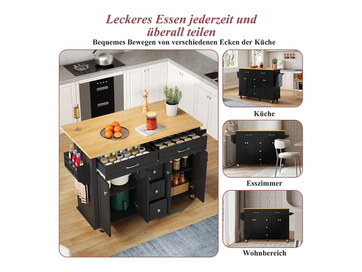 Carrito de cocina multifunción, encimera abatible, 5 cajones, estantes, especiero, MDF, negro y natural (140x65x89 cm)