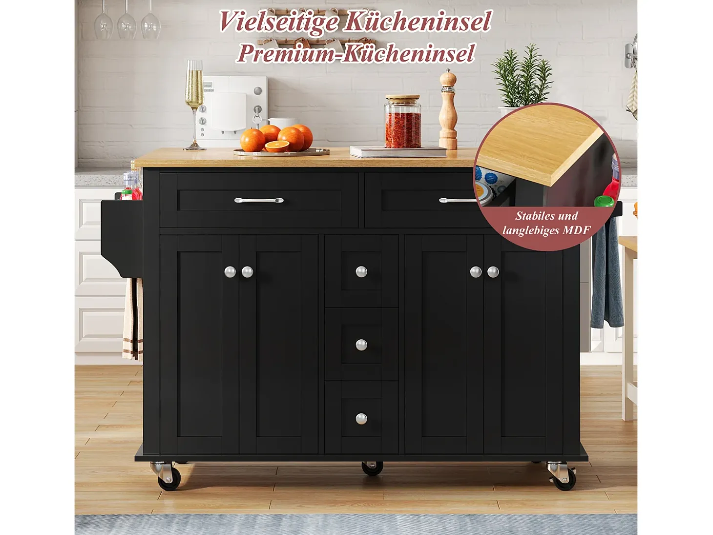 Carrito de cocina multifunción, encimera abatible, 5 cajones, estantes, especiero, MDF, negro y natural (140x65x89 cm)