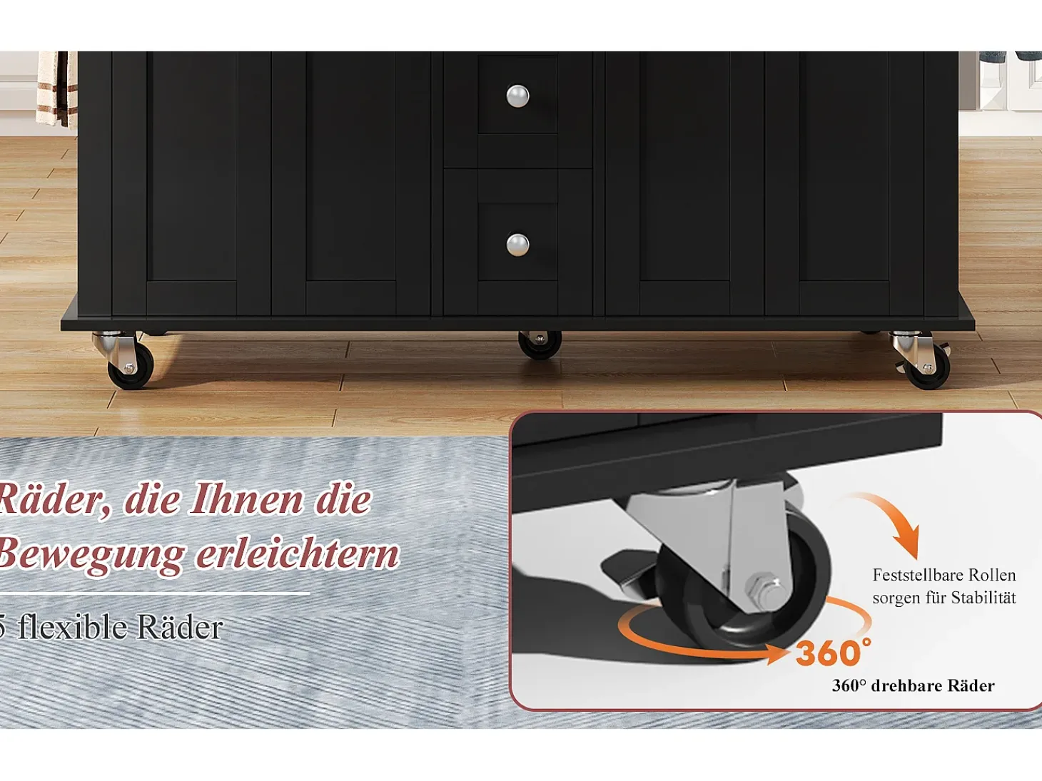 Carrito de cocina multifunción, encimera abatible, 5 cajones, estantes, especiero, MDF, negro y natural (140x65x89 cm)