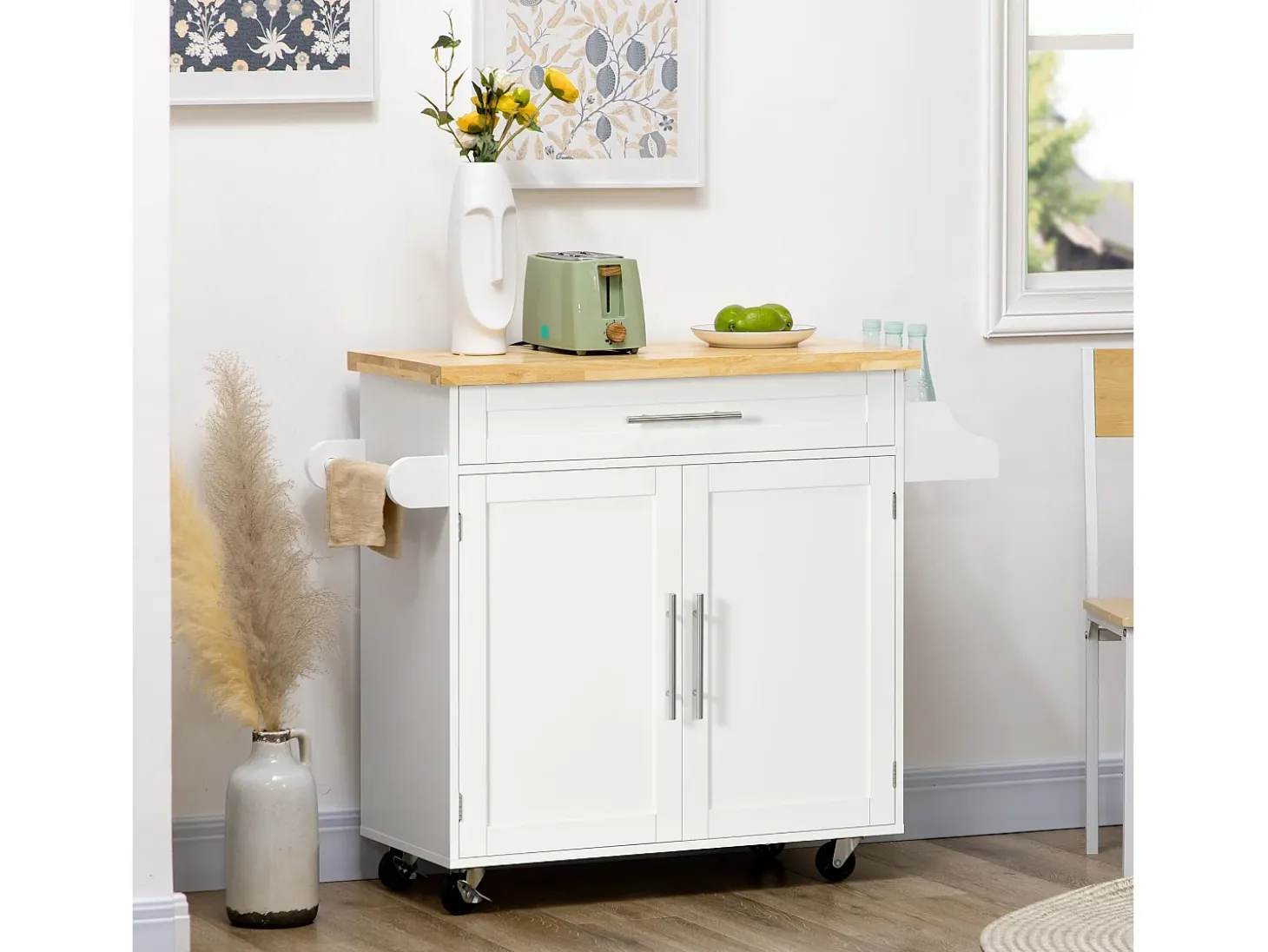 Carrito de cocina móvil con encimera, estante regulable, MDF blanco (109x40x89cm)