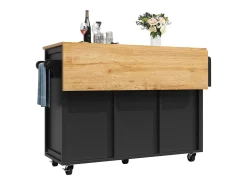 Carrito de cocina móvil con encimera plegable, espacio de almacenamiento y botellero - negro