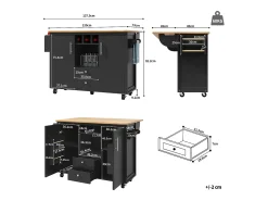 Carrito de cocina móvil con encimera plegable, espacio de almacenamiento y botellero - negro