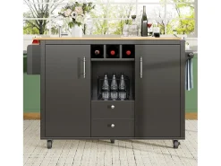 Carrito de cocina móvil con encimera plegable, espacio de almacenamiento y botellero - negro