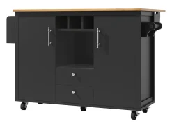 Carrito de cocina móvil con encimera plegable, espacio de almacenamiento y botellero - negro