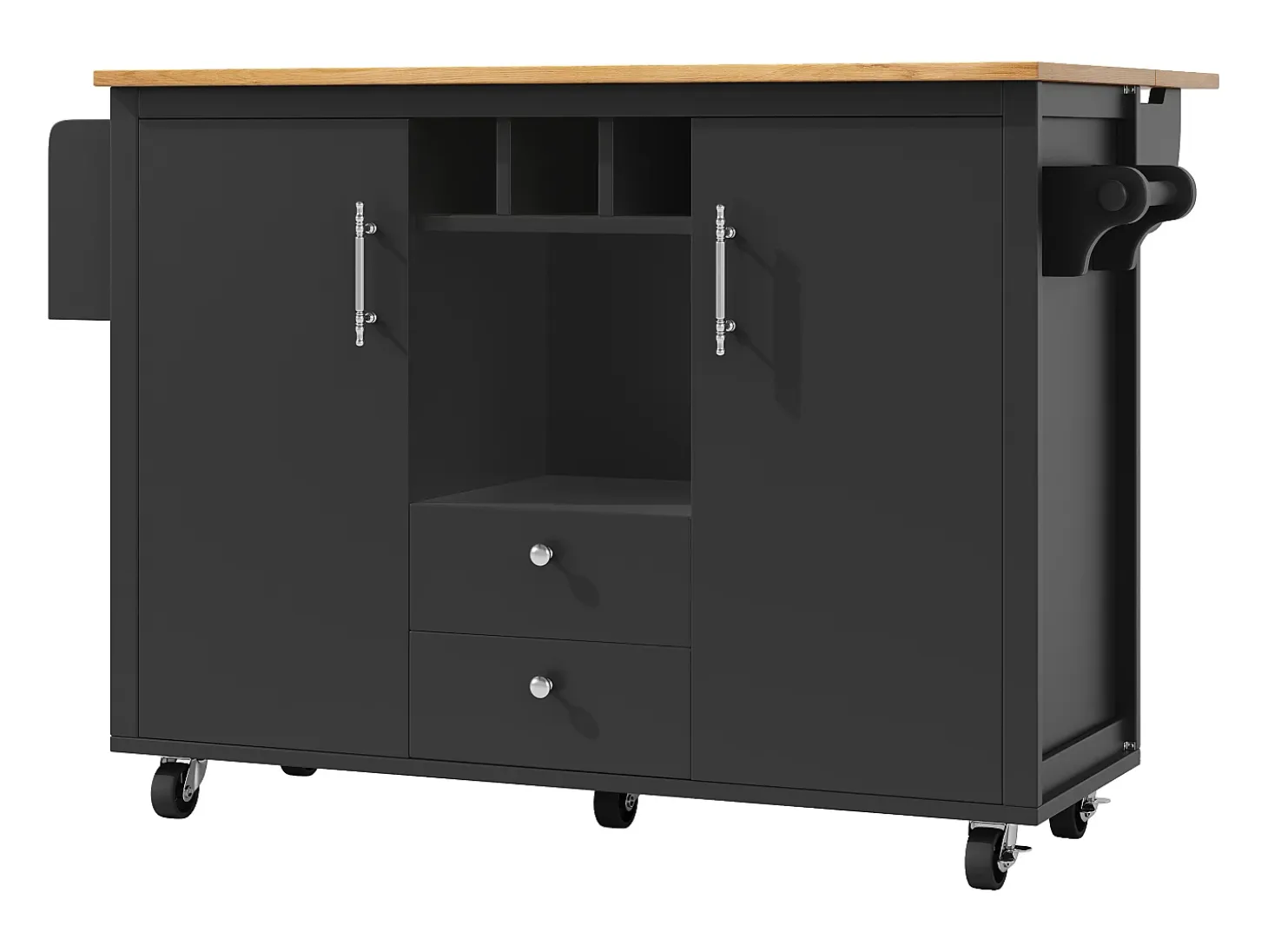 Carrito de cocina móvil con encimera plegable, espacio de almacenamiento y botellero - negro