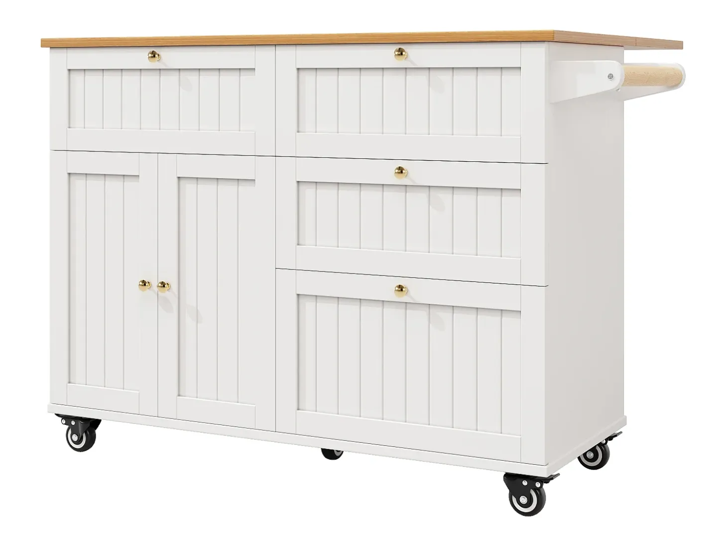 Carrito de cocina móvil con tapa extensible chapada en imitación madera, 3 cajones y 3 puertas incluidas, blanco - 133x70x88cm