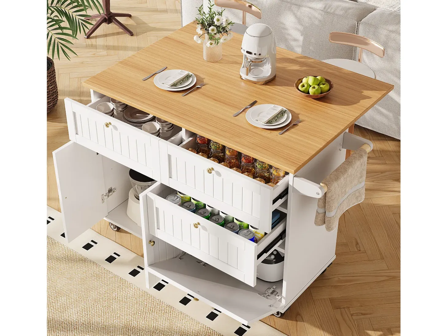 Carrito de cocina móvil con tapa extensible chapada en imitación madera, 3 cajones y 3 puertas incluidas, blanco - 133x70x88cm