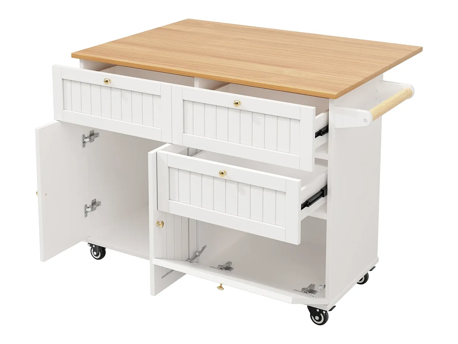 Carrito de cocina móvil con tapa extensible chapada en imitación madera, 3 cajones y 3 puertas incluidas, blanco - 133x70x88cm