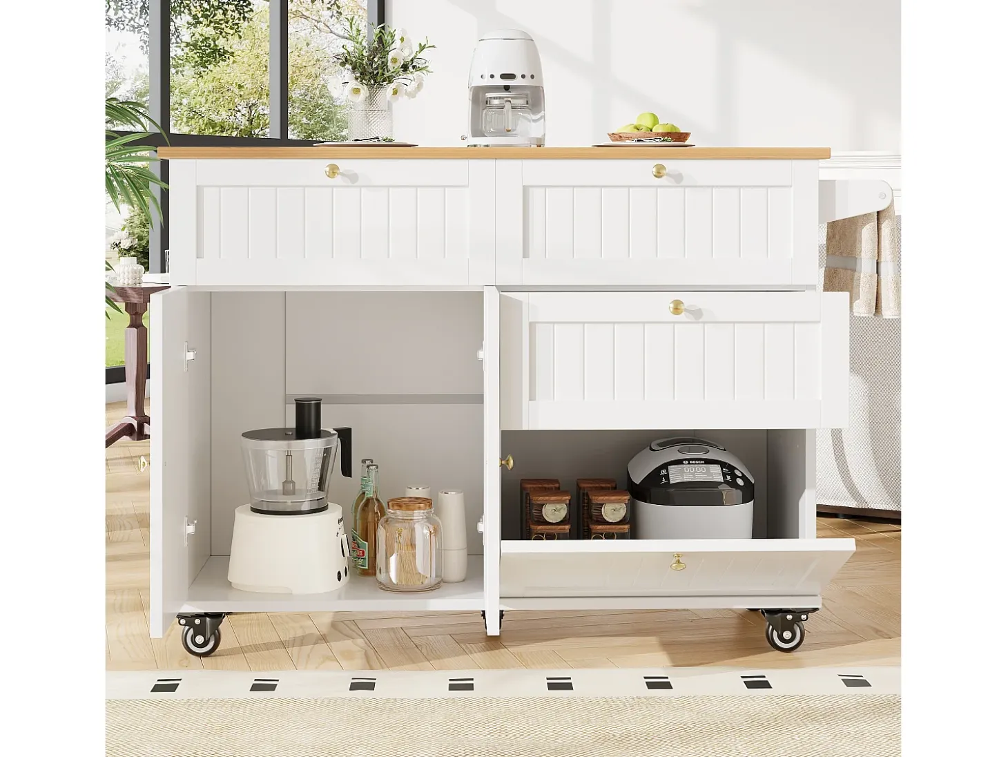 Carrito de cocina móvil con tapa extensible chapada en imitación madera, 3 cajones y 3 puertas incluidas, blanco - 133x70x88cm