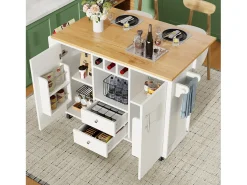 Carrito de cocina móvil con encimera plegable, espacio de almacenamiento y botellero - blanco