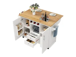 Carrito de cocina móvil con encimera plegable, espacio de almacenamiento y botellero - blanco