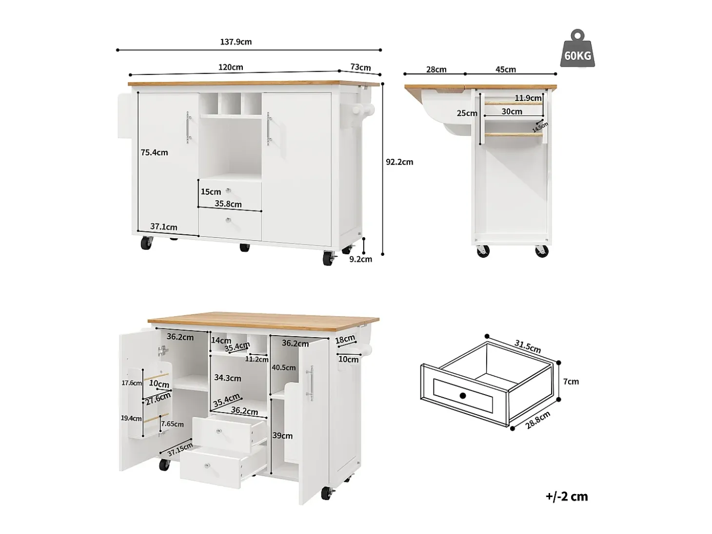Carrito de cocina móvil con encimera plegable, espacio de almacenamiento y botellero - blanco