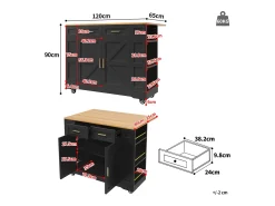 Carrito de cocina móvil con tablero extensible chapado en imitación madera, 2 cajones, 2 puertas y estantes incluidos, negro - 120x65x90cm