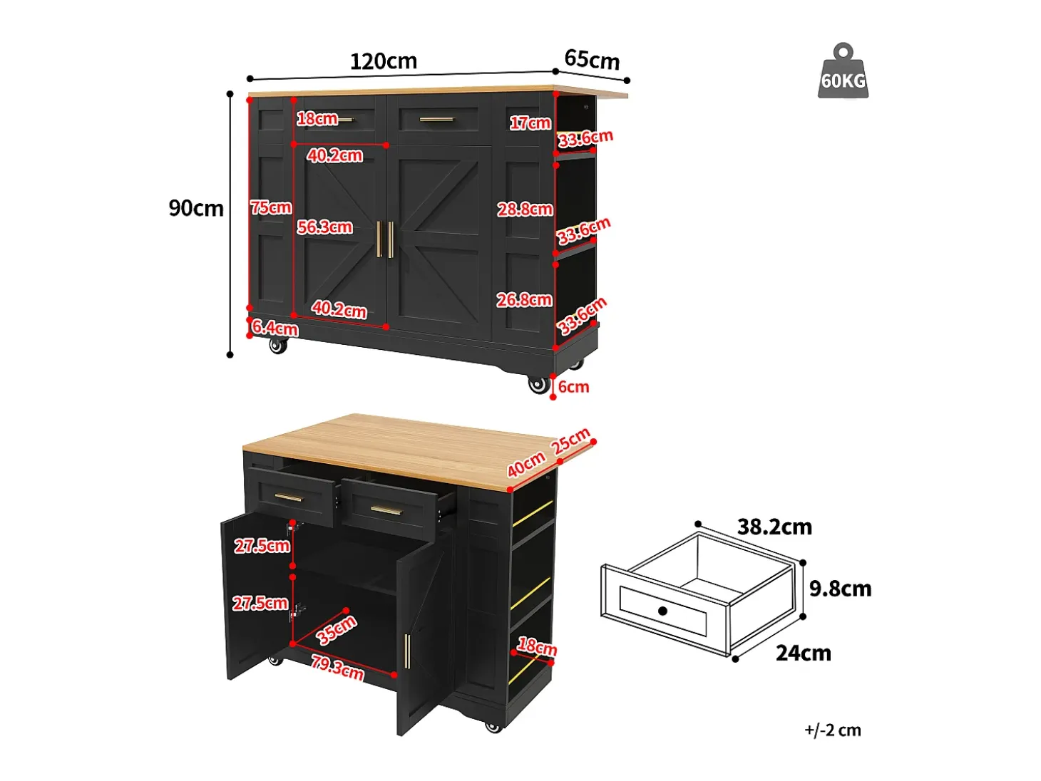 Carrito de cocina móvil con tablero extensible chapado en imitación madera, 2 cajones, 2 puertas y estantes incluidos, negro - 120x65x90cm