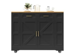 Carrito de cocina móvil con tablero extensible chapado en imitación madera, 2 cajones, 2 puertas y estantes incluidos, negro - 120x65x90cm