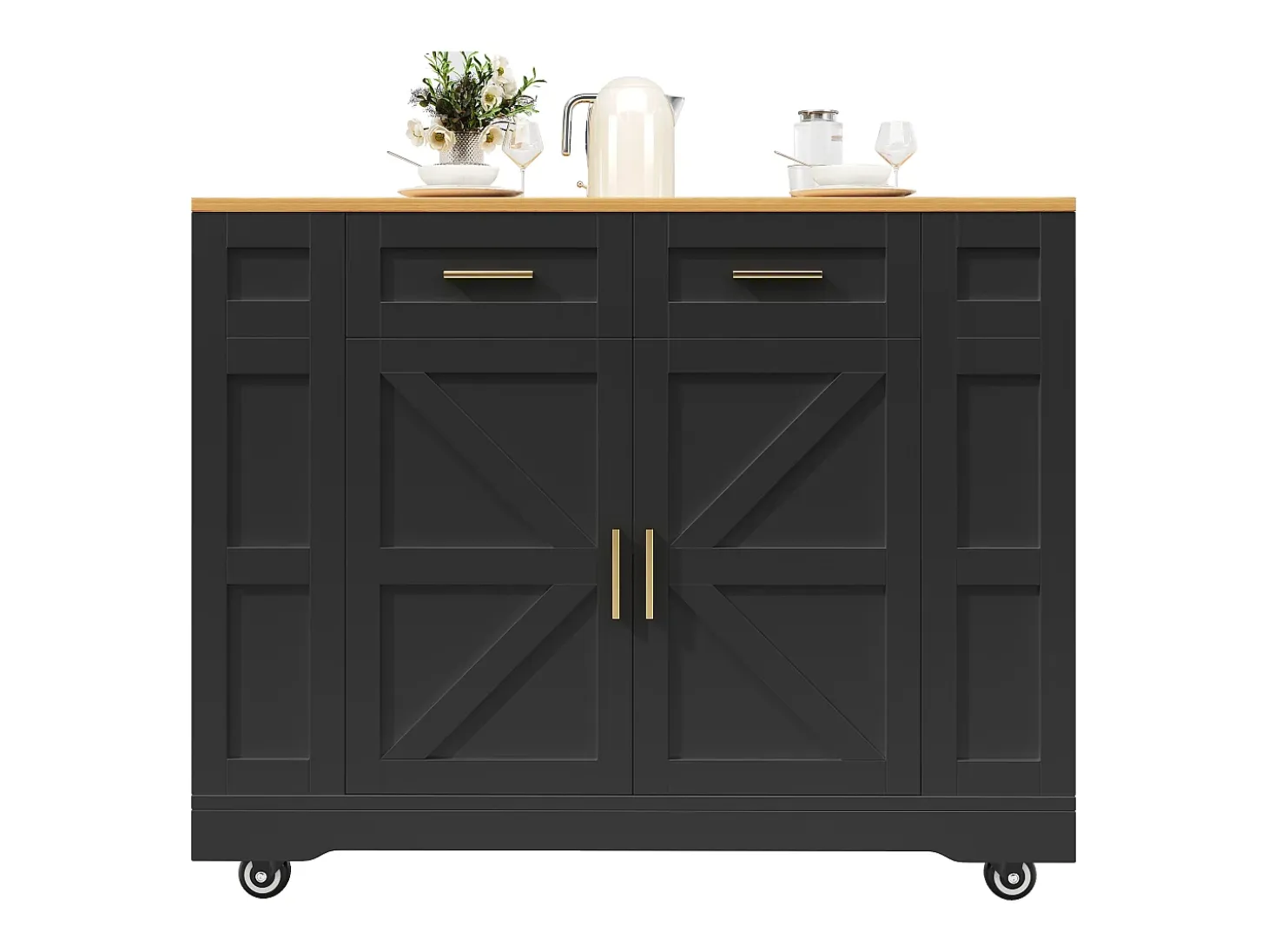 Carrito de cocina móvil con tablero extensible chapado en imitación madera, 2 cajones, 2 puertas y estantes incluidos, negro - 120x65x90cm