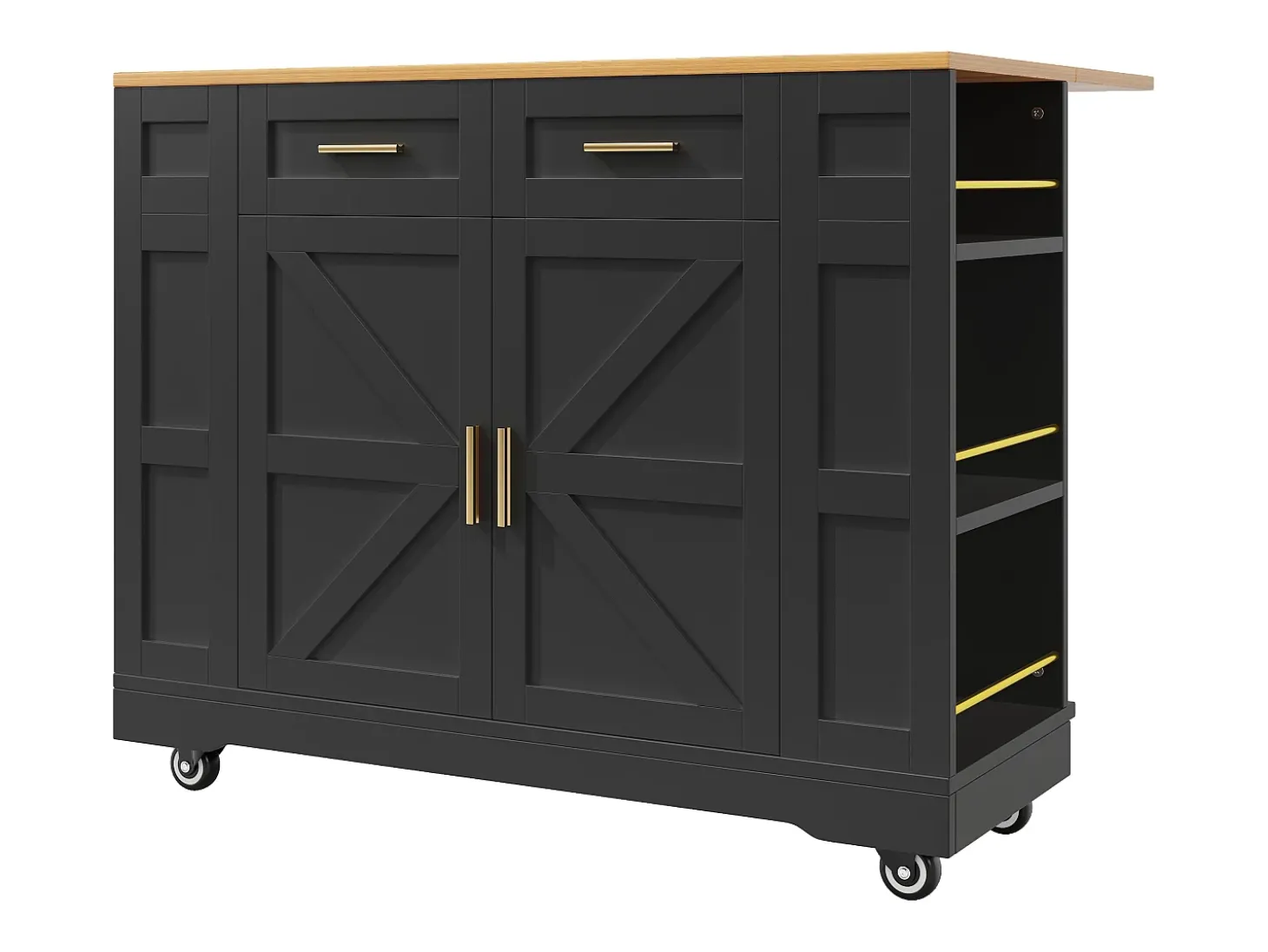 Carrito de cocina móvil con tablero extensible chapado en imitación madera, 2 cajones, 2 puertas y estantes incluidos, negro - 120x65x90cm