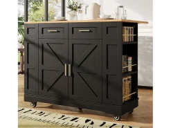 Carrito de cocina móvil con tablero extensible chapado en imitación madera, 2 cajones, 2 puertas y estantes incluidos, negro - 120x65x90cm