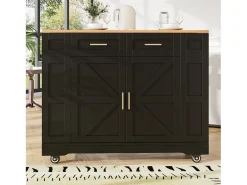Carrito de cocina móvil con tablero extensible chapado en imitación madera, 2 cajones, 2 puertas y estantes incluidos, negro - 120x65x90cm