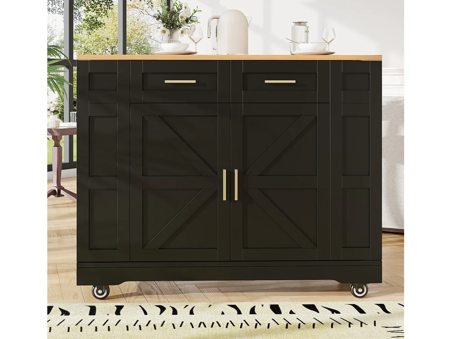 Carrito de cocina móvil con tablero extensible chapado en imitación madera, 2 cajones, 2 puertas y estantes incluidos, negro - 120x65x90cm