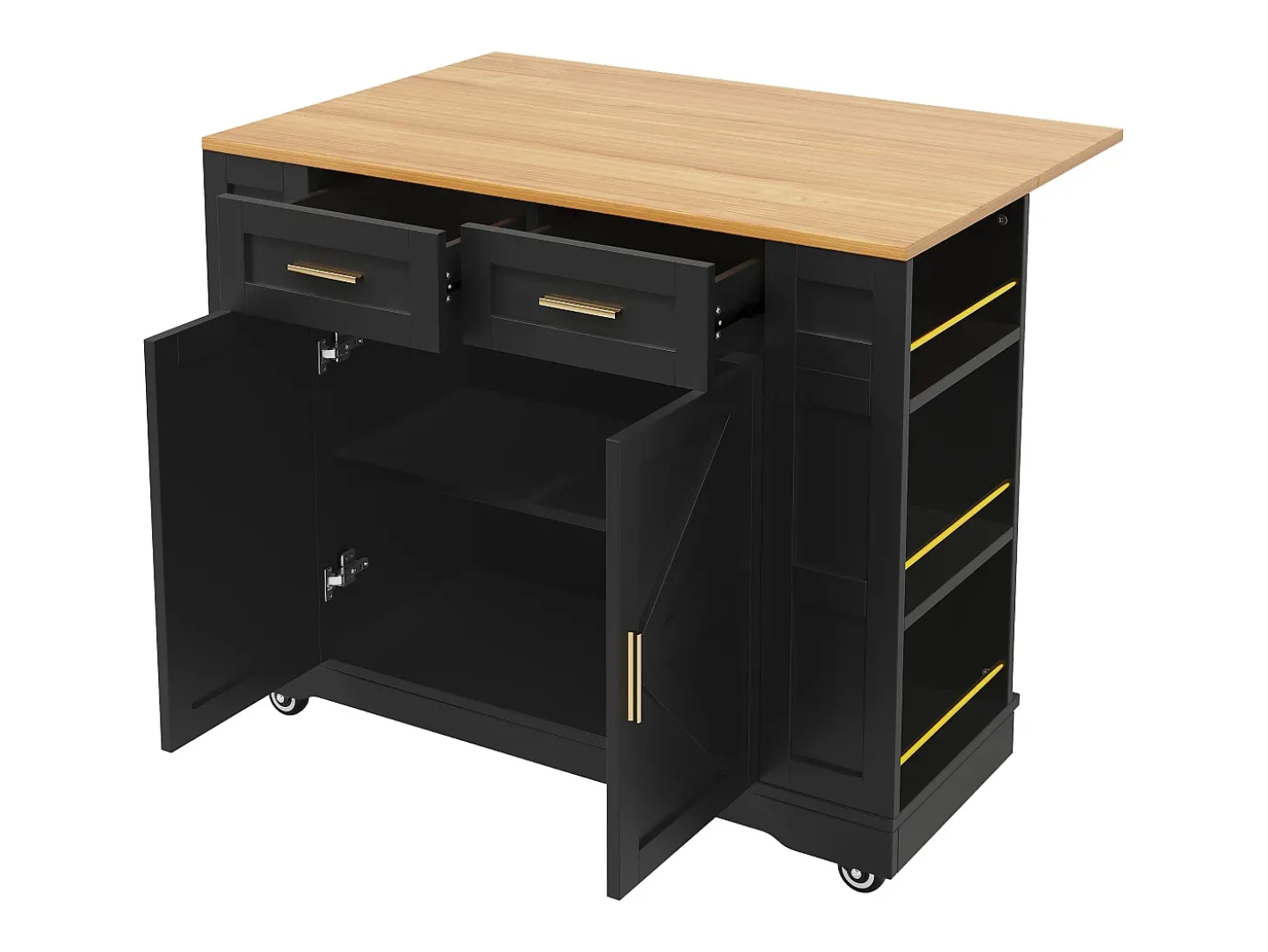 Carrito de cocina móvil con tablero extensible chapado en imitación madera, 2 cajones, 2 puertas y estantes incluidos, negro - 120x65x90cm