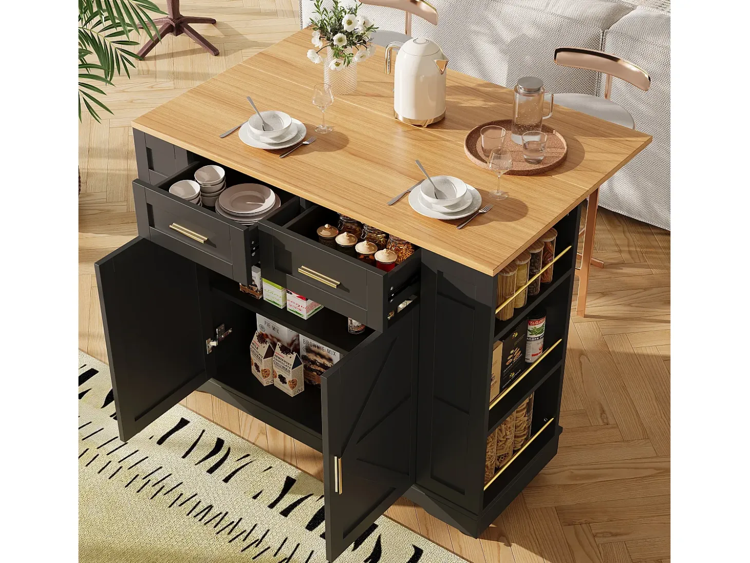 Carrito de cocina móvil con tablero extensible chapado en imitación madera, 2 cajones, 2 puertas y estantes incluidos, negro - 120x65x90cm