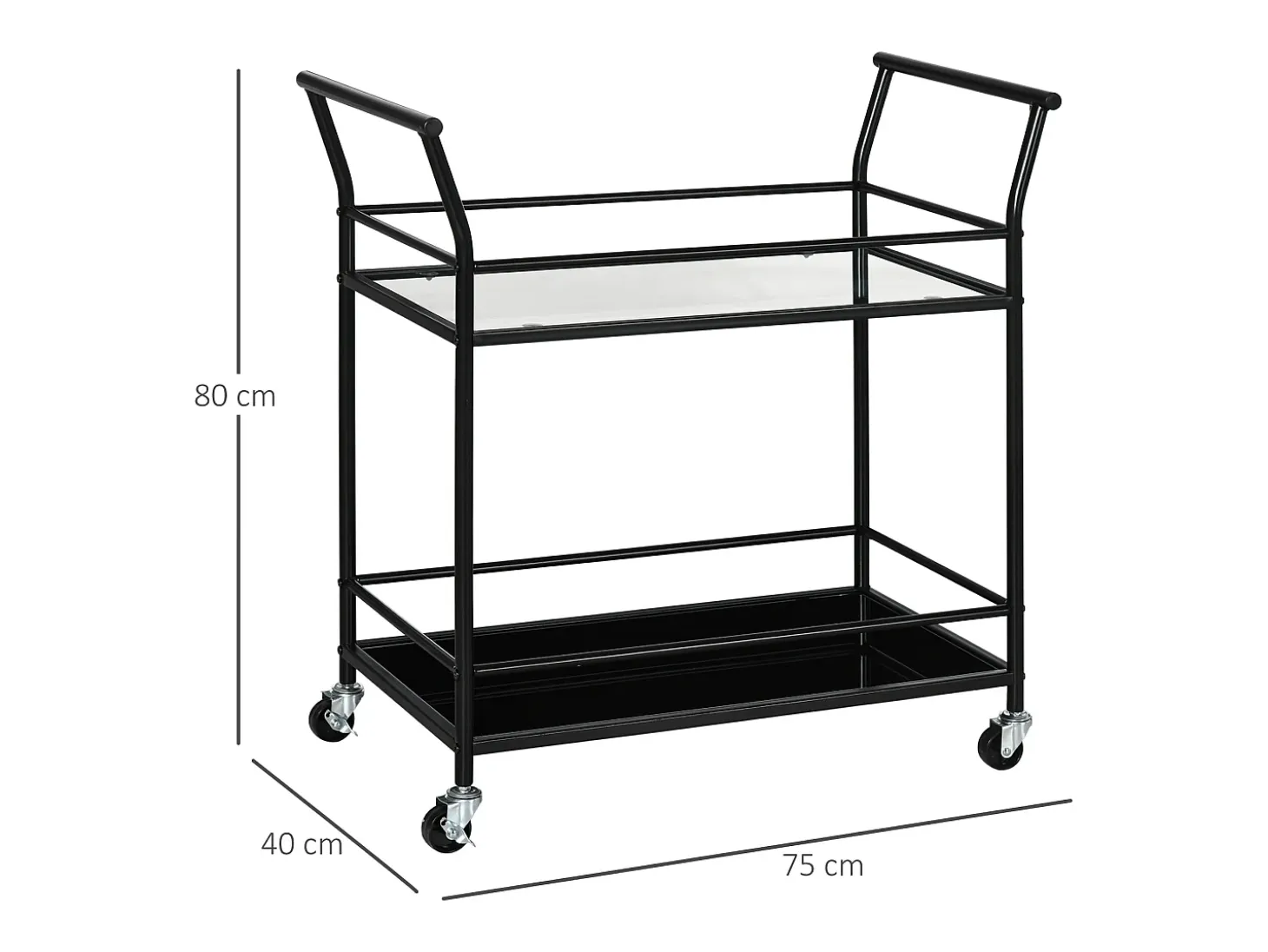 Carrito de cocina móvil de 2 niveles, estructura de metal negro, tapa de cristal templado, ruedas con freno (75x40x80cm)