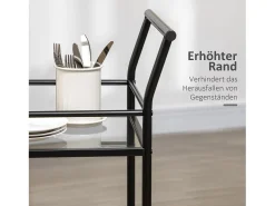 Carrito de cocina móvil de 2 niveles, estructura de metal negro, tapa de cristal templado, ruedas con freno (75x40x80cm)