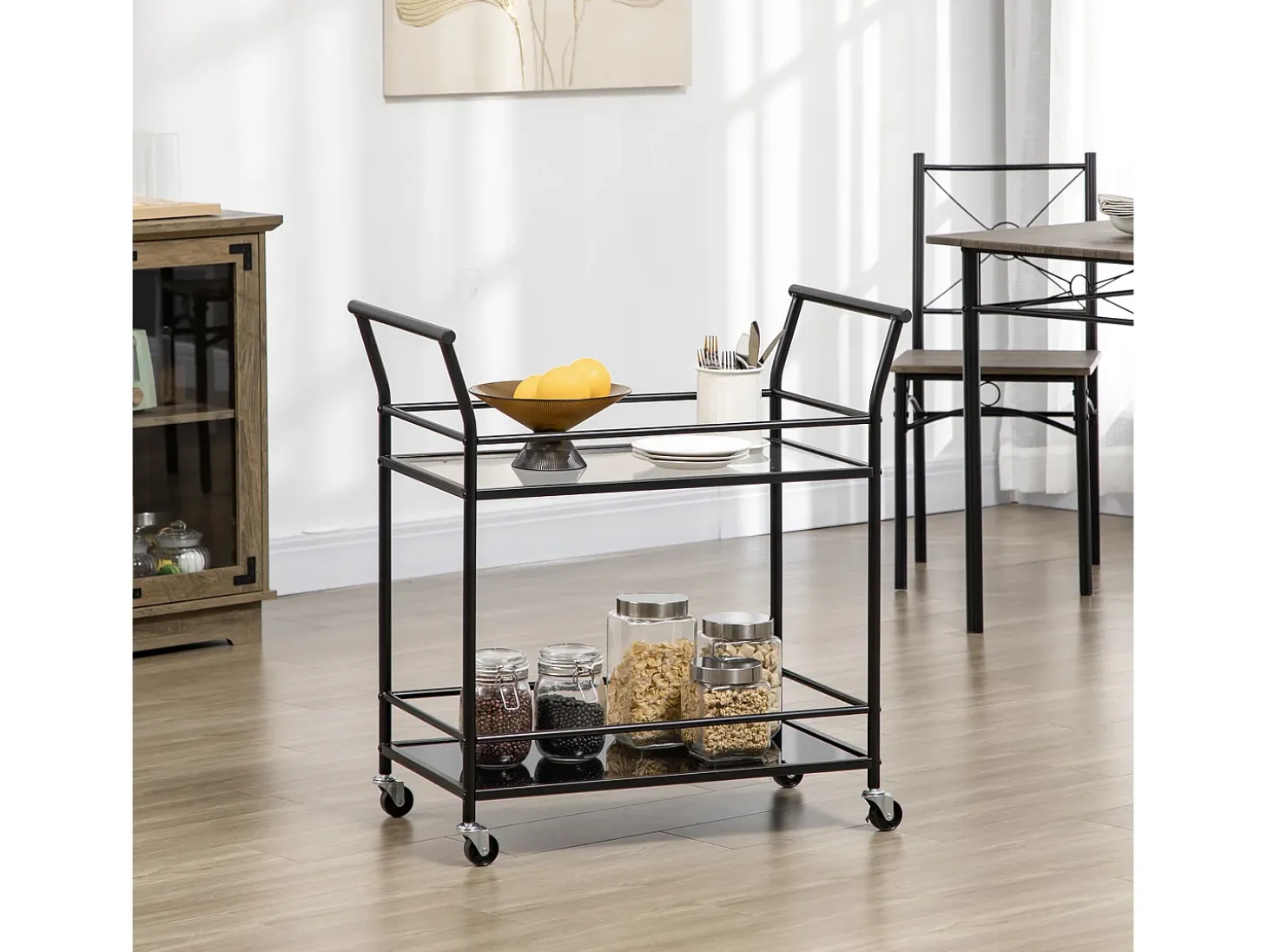 Carrito de cocina móvil de 2 niveles, estructura de metal negro, tapa de cristal templado, ruedas con freno (75x40x80cm)