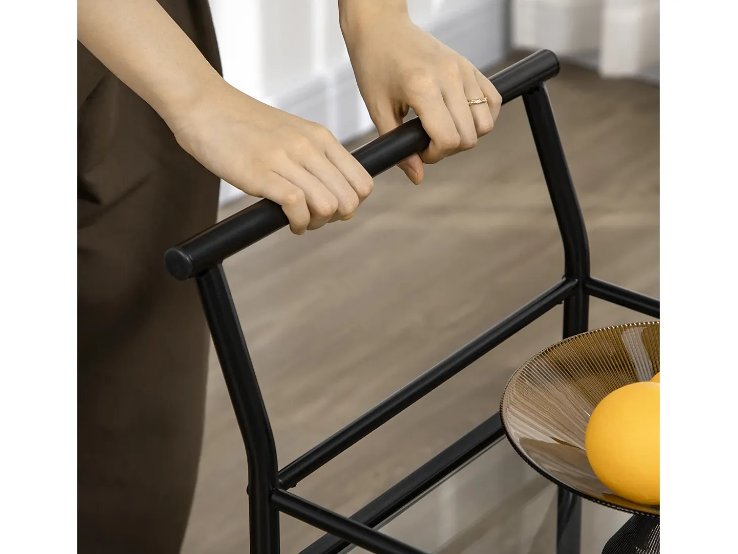 Carrito de cocina móvil de 2 niveles, estructura de metal negro, tapa de cristal templado, ruedas con freno (75x40x80cm)