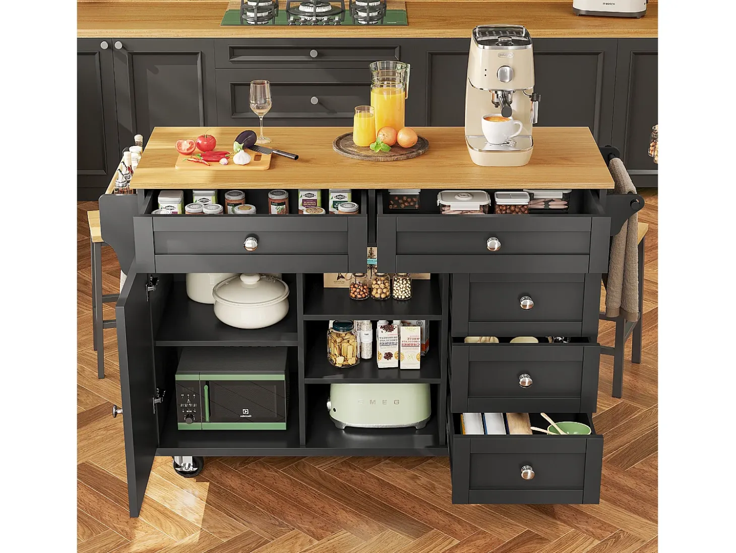 Carrito de cocina móvil de madera con 1 puerta y 5 cajones, aparador con almacenaje 134x46x92 cm - negro