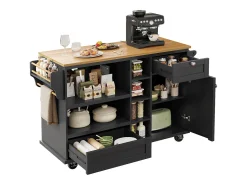 Carrito de cocina móvil moderno, negro, con cajones y armarios, superficie de madera clara (129x46x92 cm)