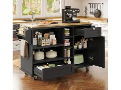 Carrito de cocina móvil moderno, negro, con cajones y armarios, superficie de madera clara (129x46x92 cm)