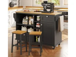 Carrito de cocina móvil negro moderno y sencillo con estantes y cajones, encimera de madera clara (129 x 46 x 92 cm)