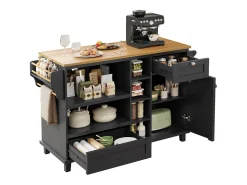 Carrito de cocina móvil negro moderno y sencillo con estantes y cajones, encimera de madera clara (129 x 46 x 92 cm)